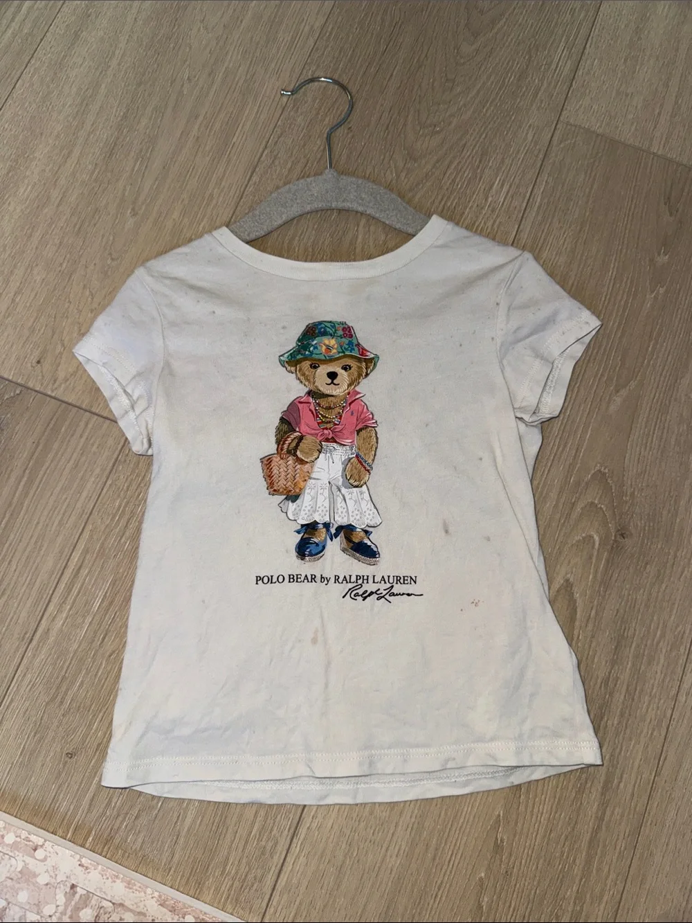 Ralph Lauren White Kids Polo Bear Graphic Tee with Colorful Hat